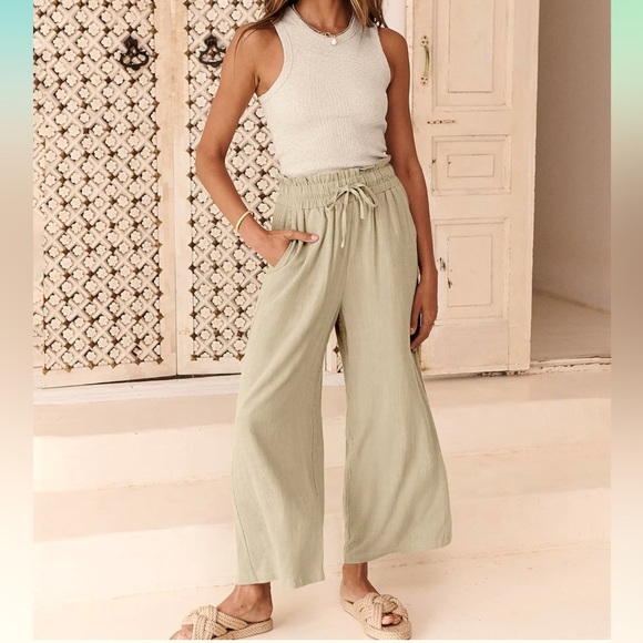 Linen Pants High Waist Drawstring Casual Wide Leg Capri Palazzo Pockets Coastal - Picture 5 of 9